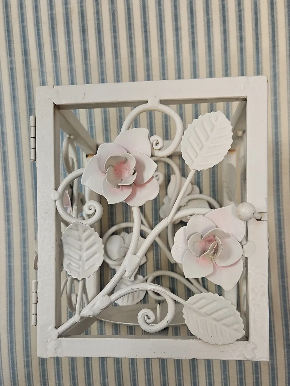 Vintage Decorative White Floral Metal Rose Candle Holder with pink accents.